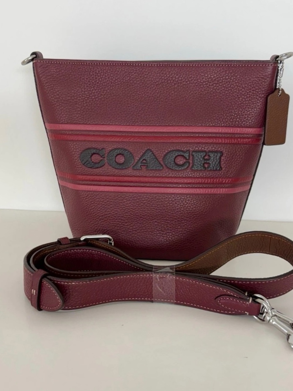 🍂 COACH LOGAN DUFFLE STRIPE CROSSBODY REFINED PEB LEATHER BUCKET GENTLY CARRIED